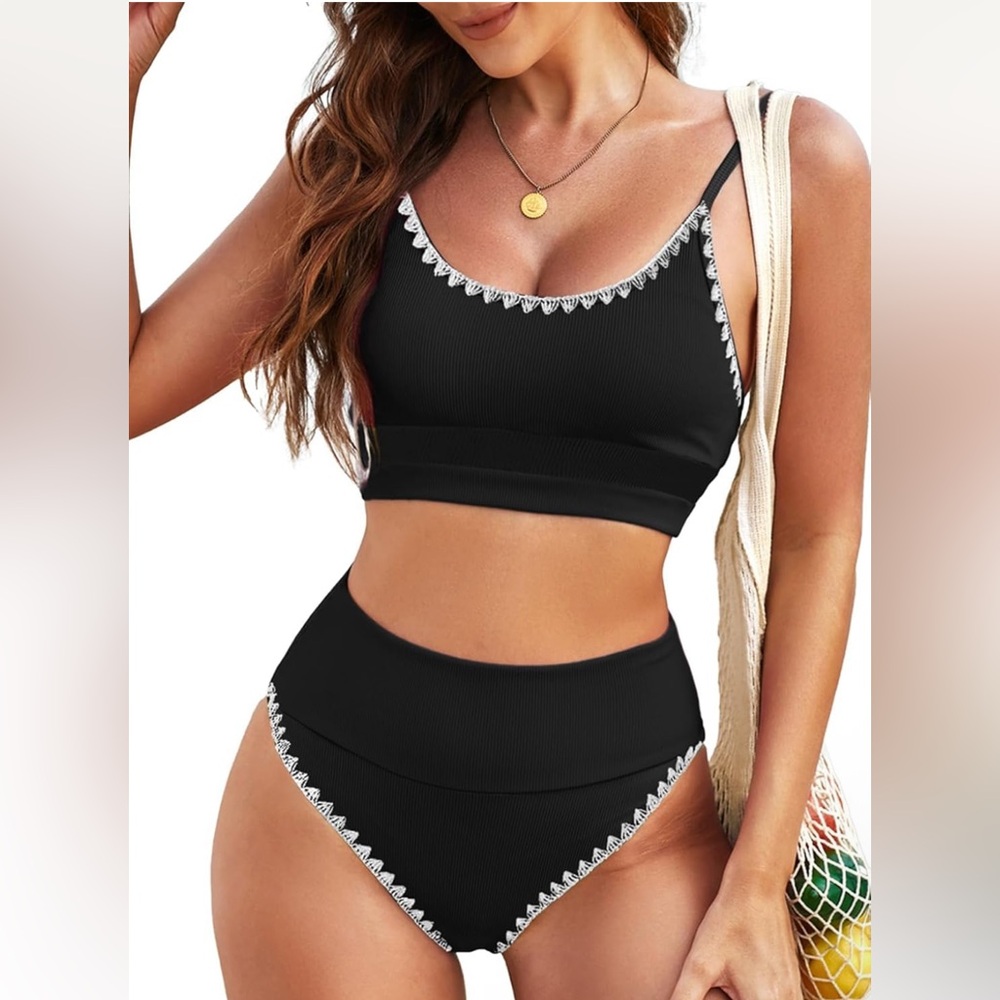 Herseas Womem 2 Piece High Waisted Black Bikini Set with White Trim